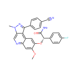 COc1cc2ncc3c(c(-c4ccc(C#N)cc4)nn3C)c2cc1O[C@H](C(N)=O)c1ccc(F)cc1 ZINC000113391001