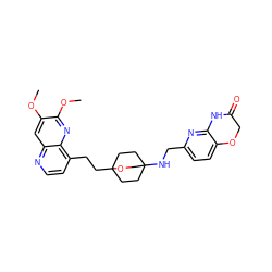 COc1cc2nccc(CCC34CCC(NCc5ccc6c(n5)NC(=O)CO6)(CC3)CO4)c2nc1OC ZINC000299863013