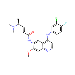 COc1cc2nccc(Nc3ccc(F)c(Cl)c3)c2cc1NC(=O)/C=C/[C@H](C)N(C)C ZINC000040913466