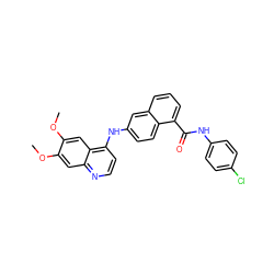 COc1cc2nccc(Nc3ccc4c(C(=O)Nc5ccc(Cl)cc5)cccc4c3)c2cc1OC ZINC000029134628