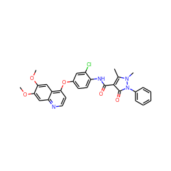 COc1cc2nccc(Oc3ccc(NC(=O)c4c(C)n(C)n(-c5ccccc5)c4=O)c(Cl)c3)c2cc1OC ZINC000084652646