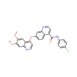 COc1cc2nccc(Oc3ccc4c(C(=O)Nc5ccc(Cl)cc5)ccnc4c3)c2cc1OC ZINC000029134675