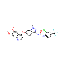 COc1cc2nccc(Oc3ccc4c(NC(=O)Nc5ccc(C(F)(F)F)cc5Cl)nn(C)c4c3)c2cc1OC ZINC000044351196