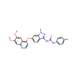 COc1cc2nccc(Oc3ccc4c(NC(=O)Nc5ccc(C)cc5)nn(C)c4c3)c2cc1OC ZINC000038323521