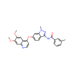 COc1cc2nccc(Oc3ccc4c(NC(=O)c5cccc(C)c5)nn(C)c4c3)c2cc1OC ZINC000040866828