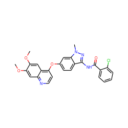 COc1cc2nccc(Oc3ccc4c(NC(=O)c5ccccc5Cl)nn(C)c4c3)c2cc1OC ZINC000040866860