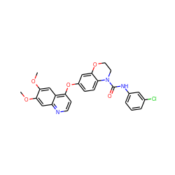 COc1cc2nccc(Oc3ccc4c(c3)OCCN4C(=O)Nc3cccc(Cl)c3)c2cc1OC ZINC000029134419