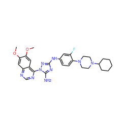 COc1cc2ncnc(-n3nc(Nc4ccc(N5CCN(C6CCCCC6)CC5)c(F)c4)nc3N)c2cc1OC ZINC000168839485