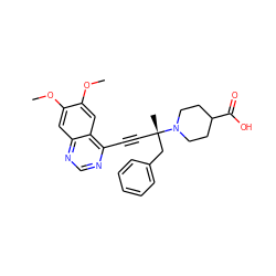 COc1cc2ncnc(C#C[C@@](C)(Cc3ccccc3)N3CCC(C(=O)O)CC3)c2cc1OC ZINC000028951198