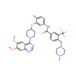 COc1cc2ncnc(N3CCC(Oc4cc(NC(=O)c5ccc(CN6CCN(C)CC6)c(C(F)(F)F)c5)ccc4C)CC3)c2cc1OC ZINC001772600612