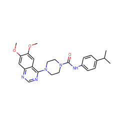 COc1cc2ncnc(N3CCN(C(=O)Nc4ccc(C(C)C)cc4)CC3)c2cc1OC ZINC000013474778