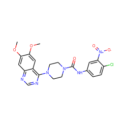 COc1cc2ncnc(N3CCN(C(=O)Nc4ccc(Cl)c([N+](=O)[O-])c4)CC3)c2cc1OC ZINC000013474795