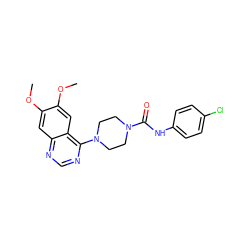 COc1cc2ncnc(N3CCN(C(=O)Nc4ccc(Cl)cc4)CC3)c2cc1OC ZINC000013474771