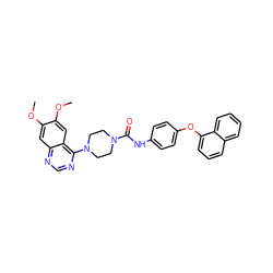 COc1cc2ncnc(N3CCN(C(=O)Nc4ccc(Oc5cccc6ccccc56)cc4)CC3)c2cc1OC ZINC000026820418
