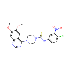 COc1cc2ncnc(N3CCN(C(=S)Nc4ccc(Cl)c([N+](=O)[O-])c4)CC3)c2cc1OC ZINC000013474823