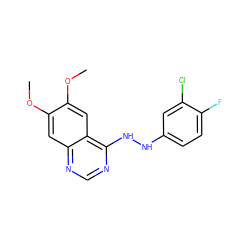 COc1cc2ncnc(NNc3ccc(F)c(Cl)c3)c2cc1OC ZINC000003815342