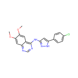 COc1cc2ncnc(Nc3cc(-c4ccc(Cl)cc4)[nH]n3)c2cc1OC ZINC001772633397