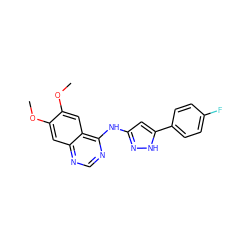 COc1cc2ncnc(Nc3cc(-c4ccc(F)cc4)[nH]n3)c2cc1OC ZINC001772657853