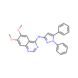 COc1cc2ncnc(Nc3cc(-c4ccccc4)n(-c4ccccc4)n3)c2cc1OC ZINC001772582524