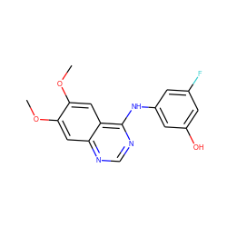 COc1cc2ncnc(Nc3cc(O)cc(F)c3)c2cc1OC ZINC000653740428