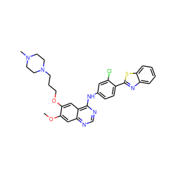 COc1cc2ncnc(Nc3ccc(-c4nc5ccccc5s4)c(Cl)c3)c2cc1OCCCN1CCN(C)CC1 ZINC000049767263