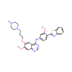 COc1cc2ncnc(Nc3ccc(-c4nc5ccccc5s4)c(OC)c3)c2cc1OCCCN1CCN(C)CC1 ZINC000049756681