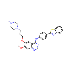 COc1cc2ncnc(Nc3ccc(-c4nc5ccccc5s4)cc3)c2cc1OCCCN1CCN(C)CC1 ZINC000049757311