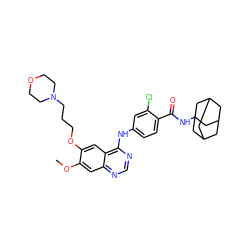 COc1cc2ncnc(Nc3ccc(C(=O)NC45CC6CC(CC(C6)C4)C5)c(Cl)c3)c2cc1OCCCN1CCOCC1 ZINC000653810868