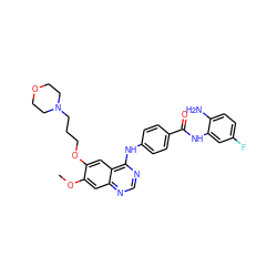 COc1cc2ncnc(Nc3ccc(C(=O)Nc4cc(F)ccc4N)cc3)c2cc1OCCCN1CCOCC1 ZINC000147263812