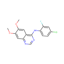 COc1cc2ncnc(Nc3ccc(Cl)cc3F)c2cc1OC ZINC000002583789