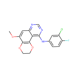 COc1cc2ncnc(Nc3ccc(F)c(Cl)c3)c2c2c1OCCO2 ZINC000653864120