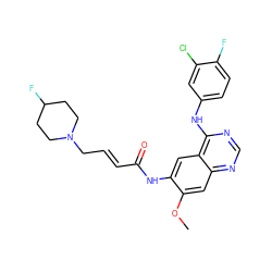 COc1cc2ncnc(Nc3ccc(F)c(Cl)c3)c2cc1NC(=O)/C=C/CN1CCC(F)CC1 ZINC000035922464