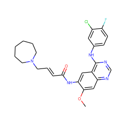 COc1cc2ncnc(Nc3ccc(F)c(Cl)c3)c2cc1NC(=O)/C=C/CN1CCCCCC1 ZINC000112966080