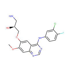 COc1cc2ncnc(Nc3ccc(F)c(Cl)c3)c2cc1OC[C@@H](O)CN ZINC000029553936