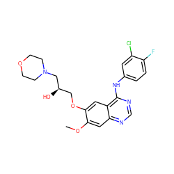 COc1cc2ncnc(Nc3ccc(F)c(Cl)c3)c2cc1OC[C@@H](O)CN1CCOCC1 ZINC000029559577