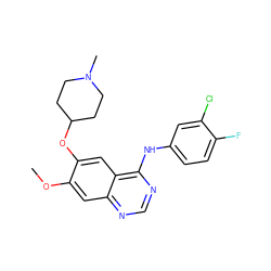 COc1cc2ncnc(Nc3ccc(F)c(Cl)c3)c2cc1OC1CCN(C)CC1 ZINC000034375617