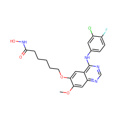 COc1cc2ncnc(Nc3ccc(F)c(Cl)c3)c2cc1OCCCCCC(=O)NO ZINC000045358974