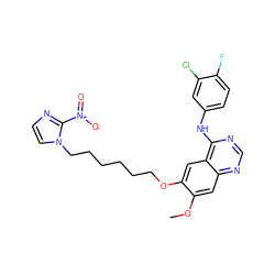 COc1cc2ncnc(Nc3ccc(F)c(Cl)c3)c2cc1OCCCCCCn1ccnc1[N+](=O)[O-] ZINC000299826187