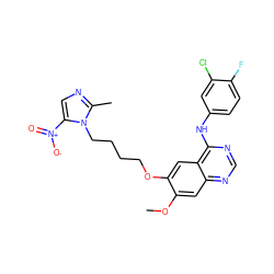 COc1cc2ncnc(Nc3ccc(F)c(Cl)c3)c2cc1OCCCCn1c([N+](=O)[O-])cnc1C ZINC000299819909