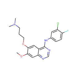 COc1cc2ncnc(Nc3ccc(F)c(Cl)c3)c2cc1OCCCN(C)C ZINC000001893559