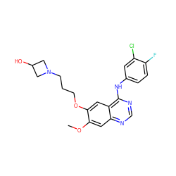 COc1cc2ncnc(Nc3ccc(F)c(Cl)c3)c2cc1OCCCN1CC(O)C1 ZINC000096935088