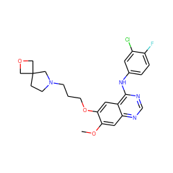 COc1cc2ncnc(Nc3ccc(F)c(Cl)c3)c2cc1OCCCN1CCC2(COC2)C1 ZINC000096935090