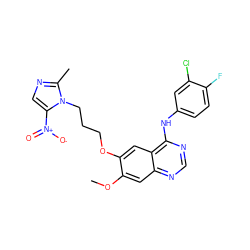 COc1cc2ncnc(Nc3ccc(F)c(Cl)c3)c2cc1OCCCn1c([N+](=O)[O-])cnc1C ZINC000299821104