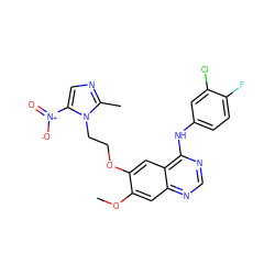 COc1cc2ncnc(Nc3ccc(F)c(Cl)c3)c2cc1OCCn1c([N+](=O)[O-])cnc1C ZINC000299821012