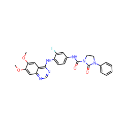 COc1cc2ncnc(Nc3ccc(NC(=O)N4CCN(c5ccccc5)C4=O)cc3F)c2cc1OC ZINC000045287057