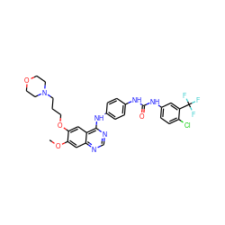 COc1cc2ncnc(Nc3ccc(NC(=O)Nc4ccc(Cl)c(C(F)(F)F)c4)cc3)c2cc1OCCCN1CCOCC1 ZINC000150522856