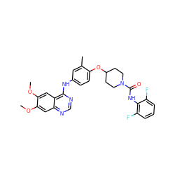 COc1cc2ncnc(Nc3ccc(OC4CCN(C(=O)Nc5c(F)cccc5F)CC4)c(C)c3)c2cc1OC ZINC000028706381