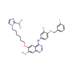 COc1cc2ncnc(Nc3ccc(OCc4cccc(F)c4)c(Cl)c3)c2cc1OCCCCCCn1ccnc1[N+](=O)[O-] ZINC000299825062