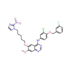 COc1cc2ncnc(Nc3ccc(OCc4cccc(F)c4)c(Cl)c3)c2cc1OCCCCCn1ccnc1[N+](=O)[O-] ZINC000299826350