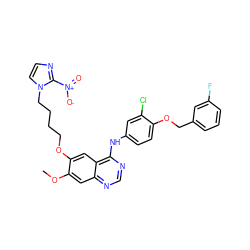 COc1cc2ncnc(Nc3ccc(OCc4cccc(F)c4)c(Cl)c3)c2cc1OCCCCn1ccnc1[N+](=O)[O-] ZINC000299822141